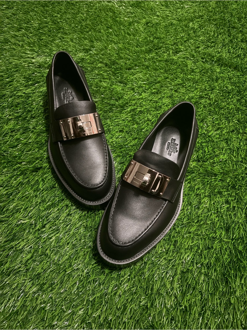 Hermes Black Leather Men's Loafers with Gold Hardware